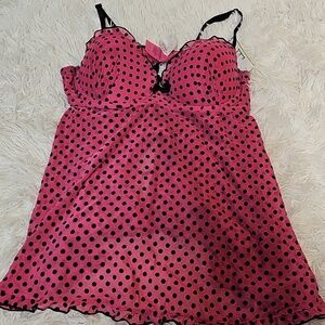 Lingerie Babydoll Polka Dots 2 Piece Set Sexy Pink Black Ruffle Size Large